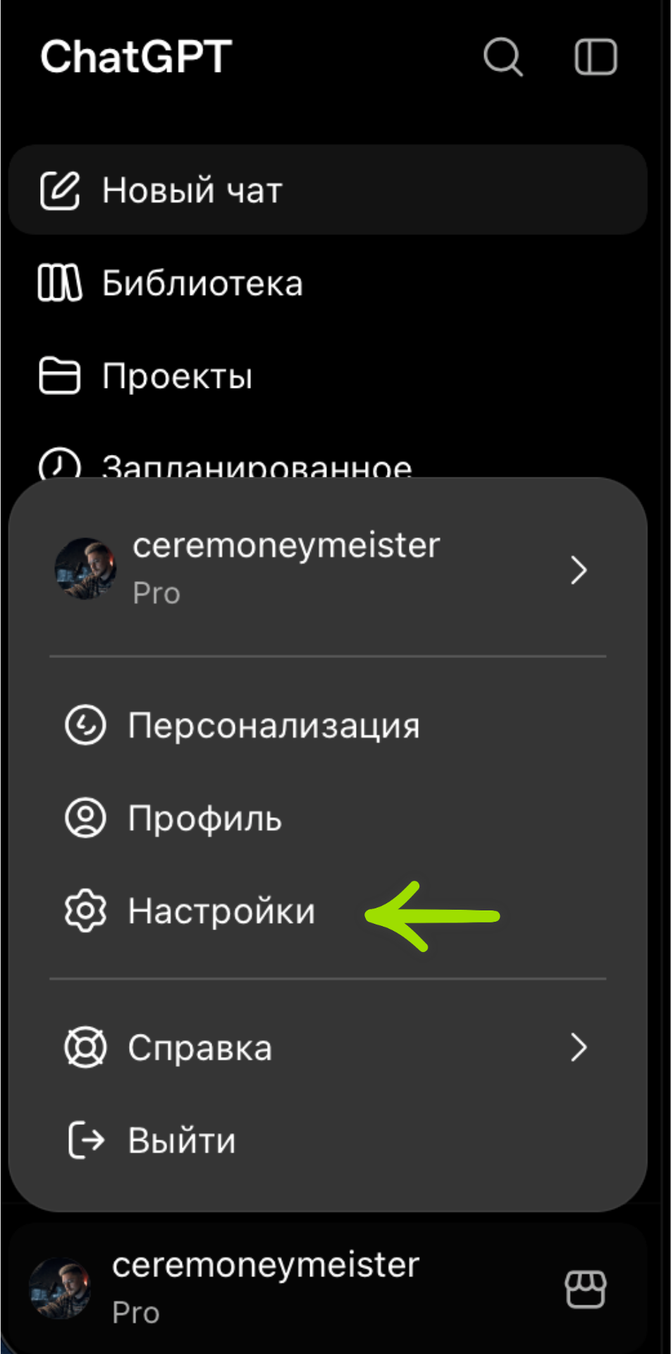 Полное меню аккаунта ChatGPT со стрелкой на пункт «Настройки»