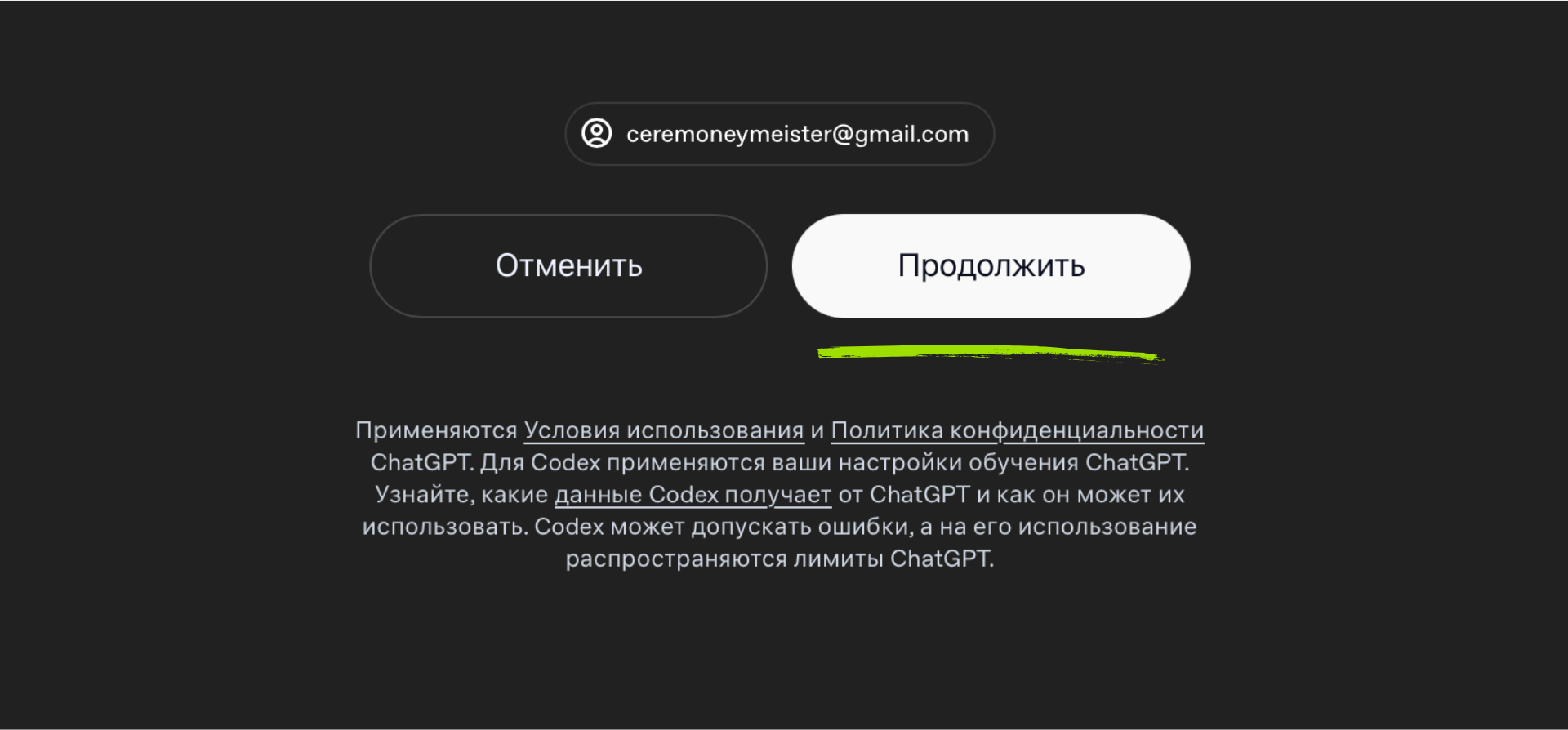 Полная область подтверждения OpenAI с e-mail аккаунта и кнопкой «Продолжить»