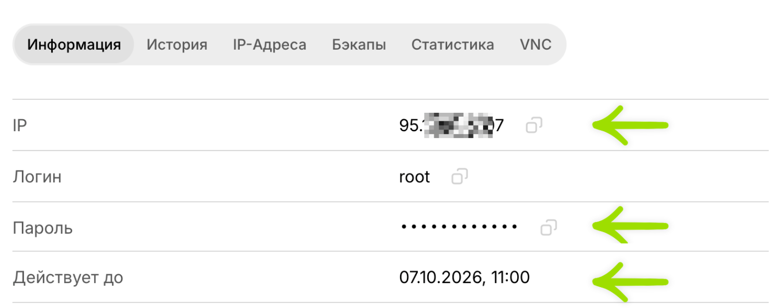 IP-адрес, логин root, пароль и дата окончания услуги